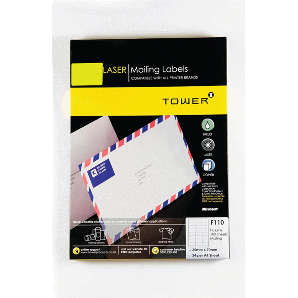 a4 inkjet laser labels - 35 x 70mm - flu lime - 100 pack