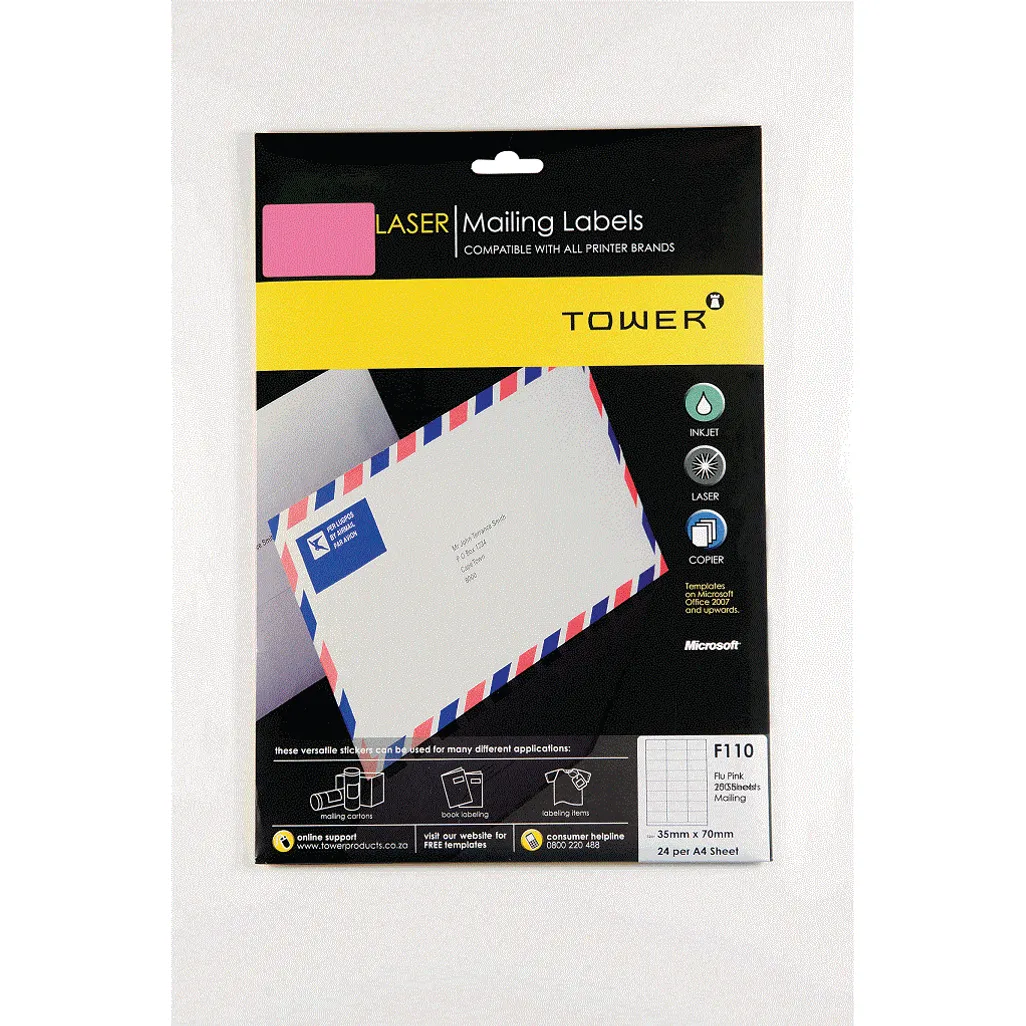 a4 inkjet laser labels - 35 x 70mm - flu pink - 25 pack