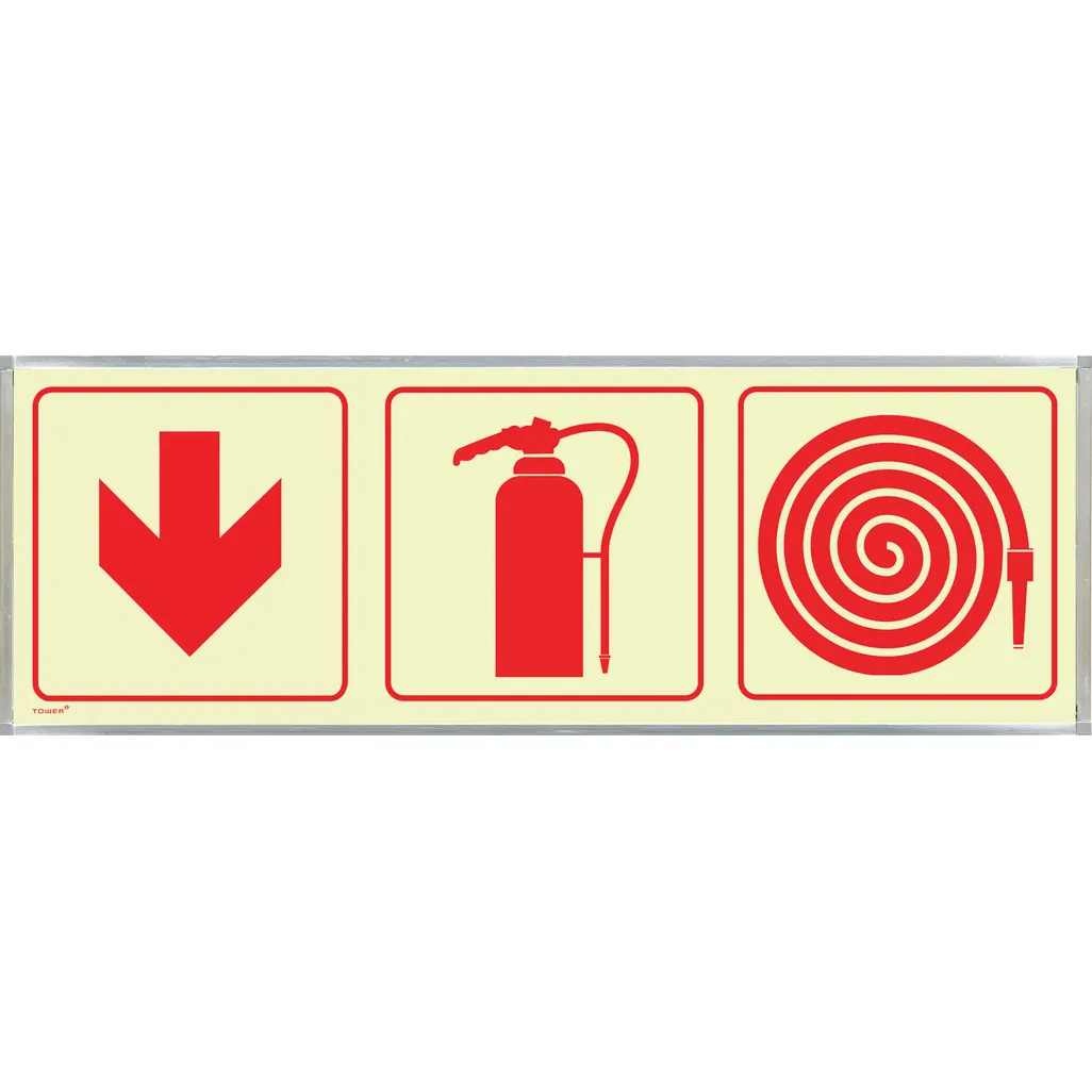 photoluminescent signs - fire extinguisher, down arrow, fire hose single sided (570x190mm)