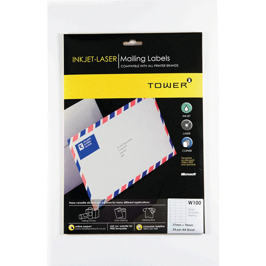 a4 inkjet laser labels - 37 x 70mm - white - 25 pack