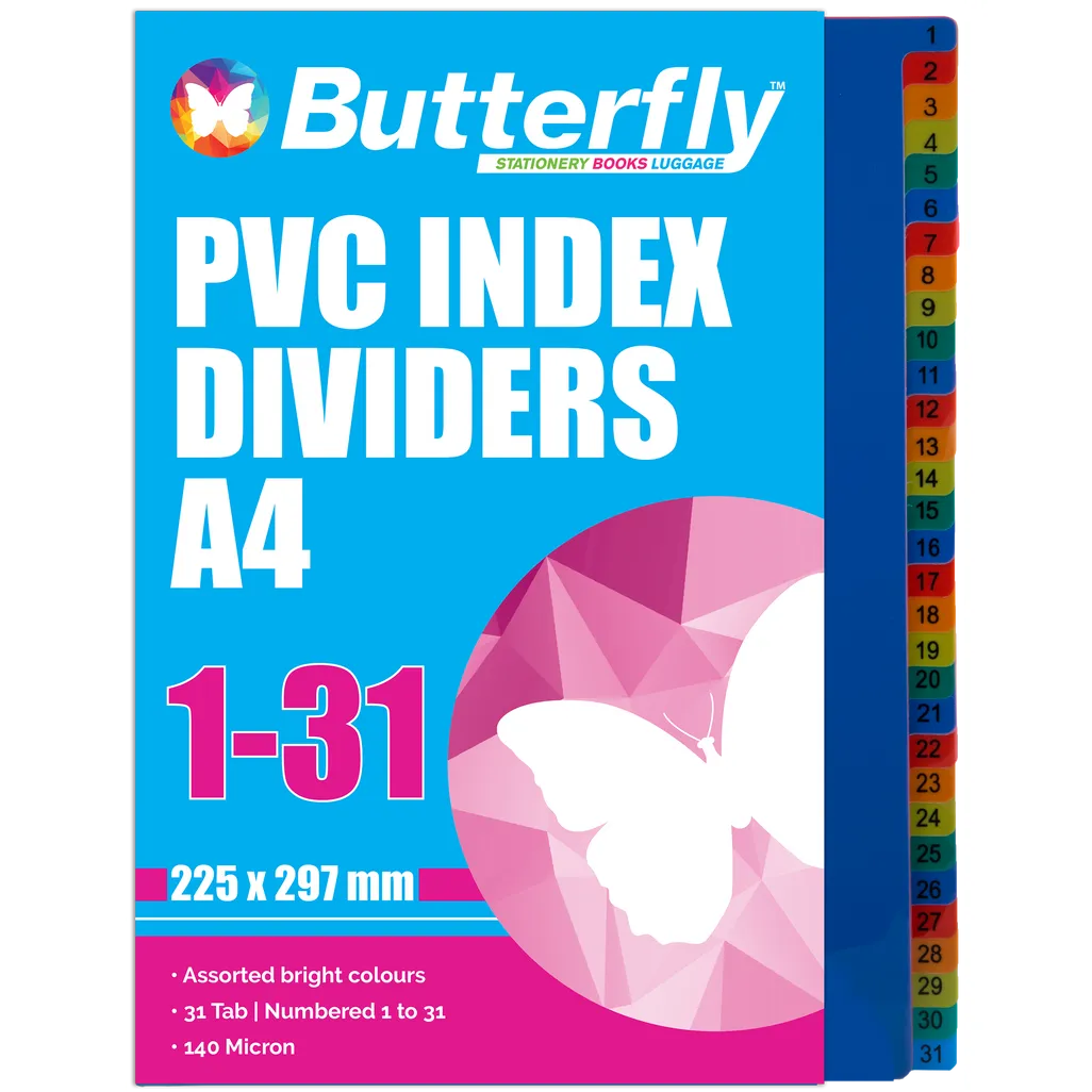 butterfly - a4 polyprop dividers - 1-31 tab - assorted