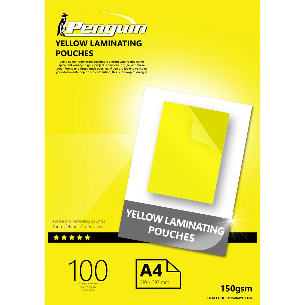 colour laminating pouches - 150mic - yellow - 100 pack