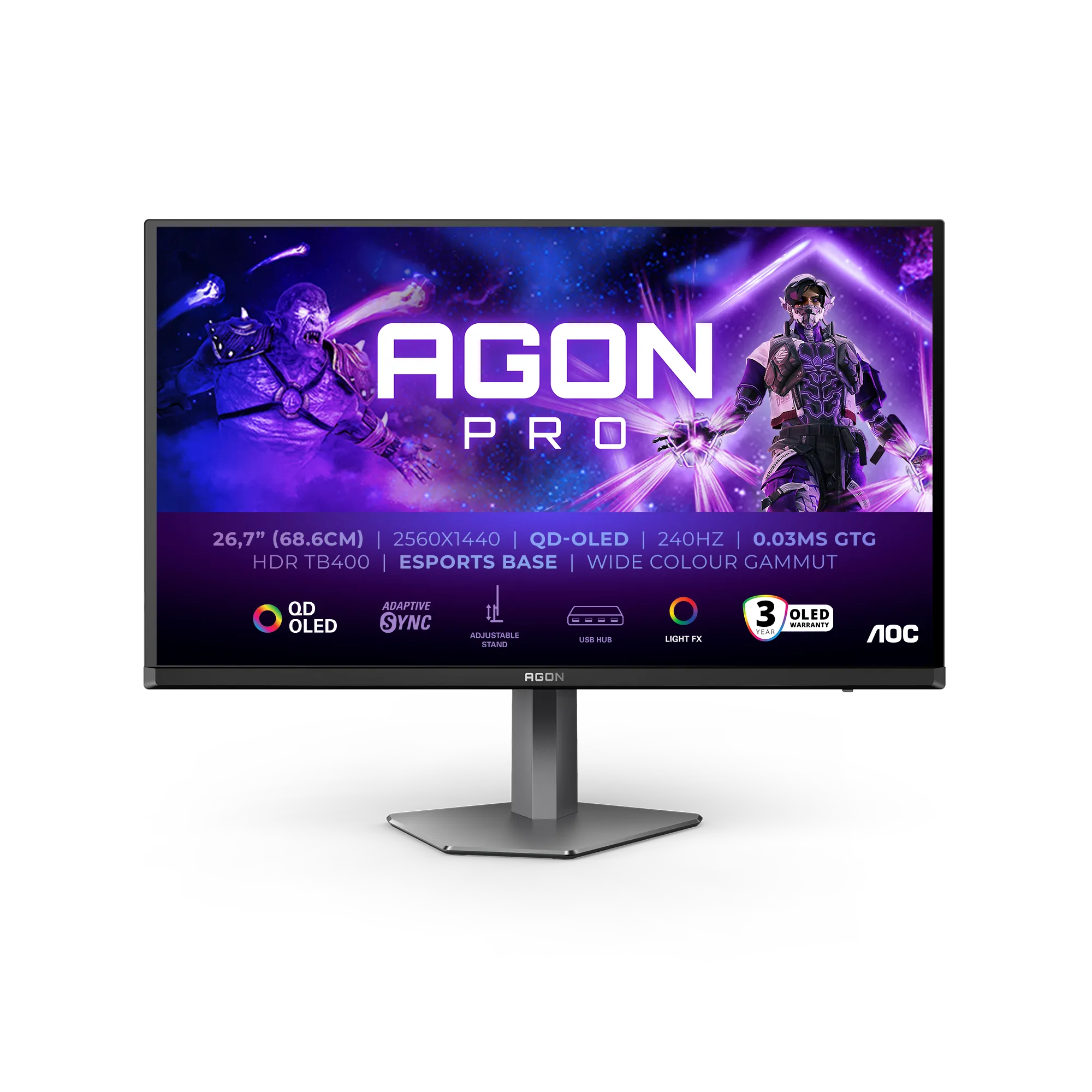 AOC AG276QZD2 AGON|27 inch OLED QHD 2560x1440 240Hz|0.03ms| 450nits|HDMI DP| Speakers|Ergo Stand|Pivot|Swivel - additional product image 1