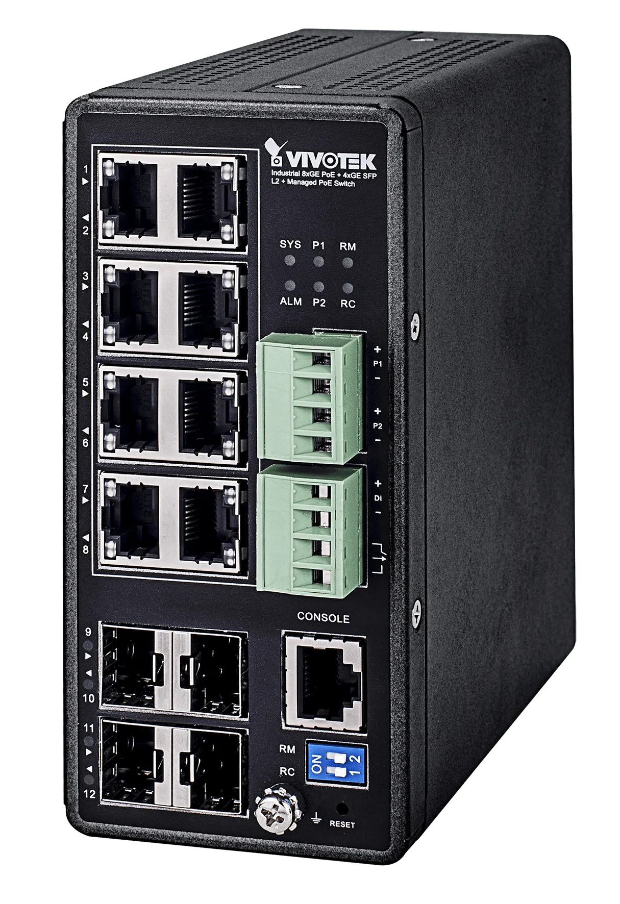 Vivotek L2+ Managed POE Industrial Switch; 8x POE+; 4x SFP; 240W; 48VDC PSU required