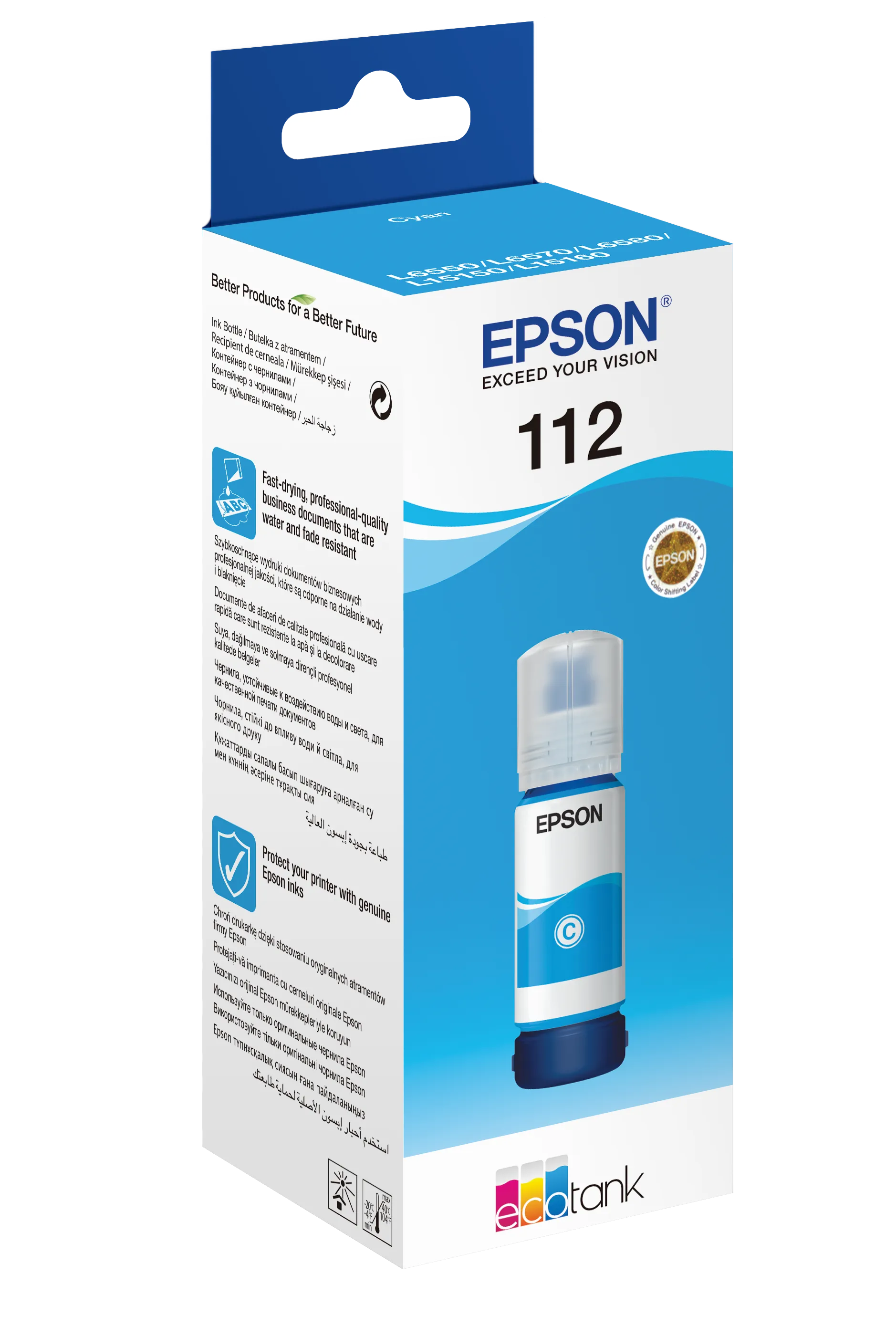 Epson 112 EcoTank Pigment Cyan ink bottle (70 ml).  6000 pages @ 5% coverage