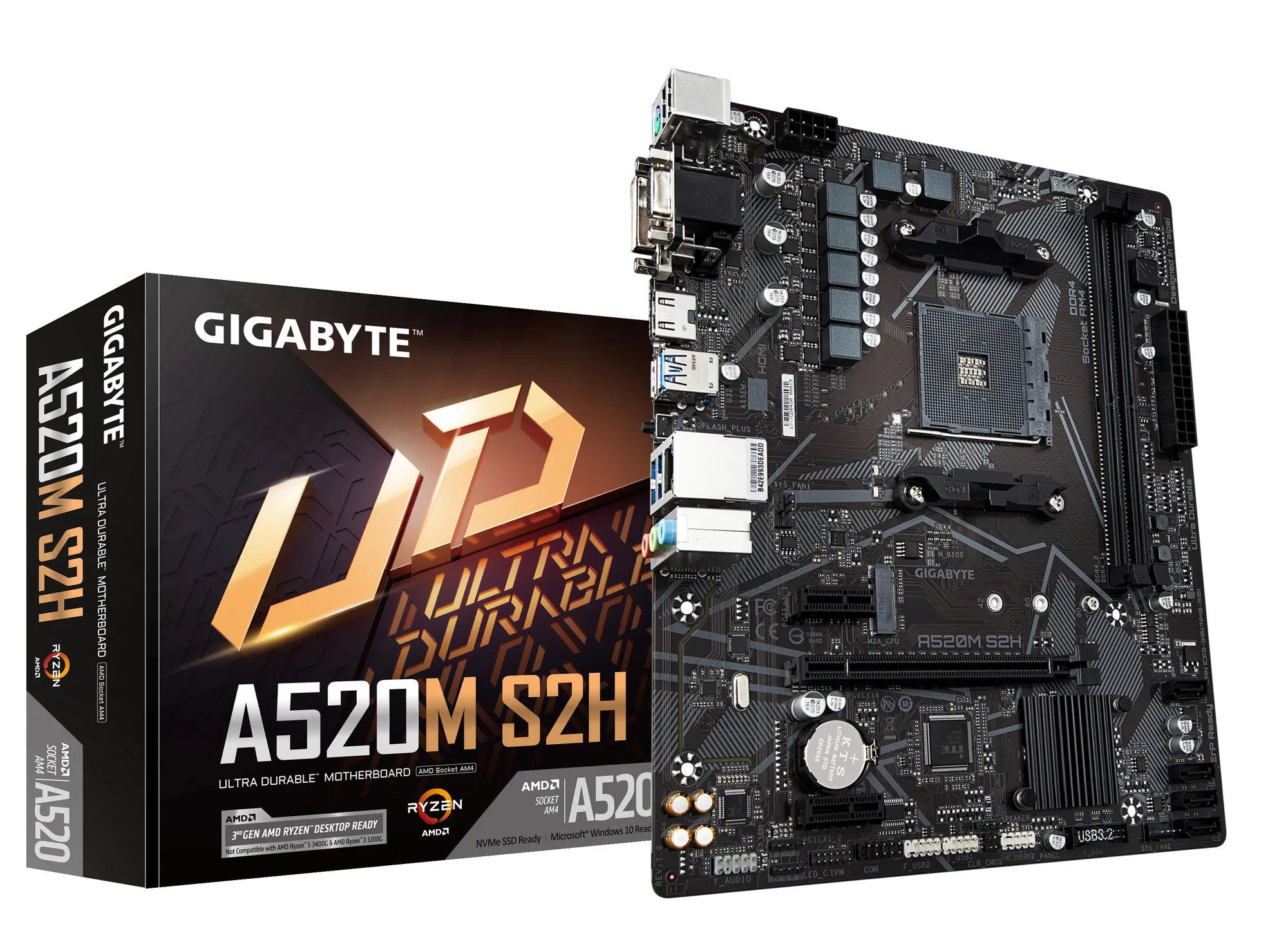 GIGABYTE Motherboard AMD A520M-S2H  for 3rd/4th/5th Generation AMD Ryzen™ processors; 2x Dual DDR4; 1x M2; HDMI; DVI; VGA.