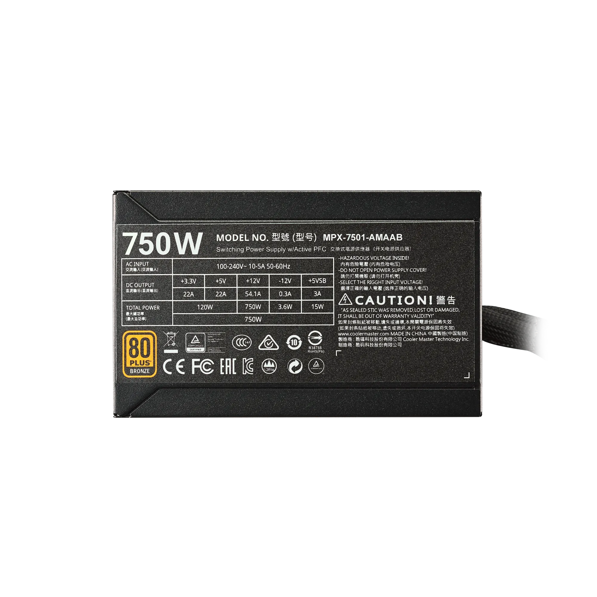 Cooler Master Masterwatt Bronze 750W ATX Power Supply; 80+ Bronze; Semi Modular; 5Y Warranty.