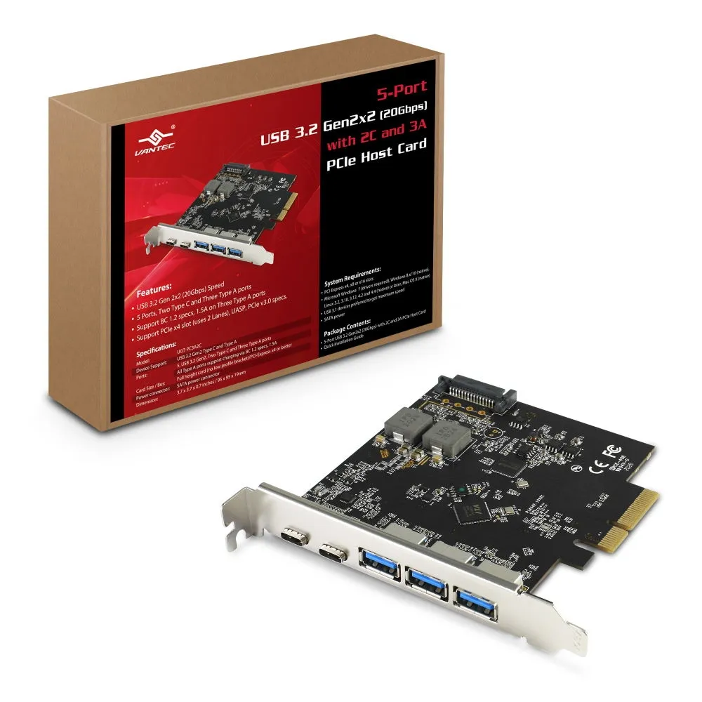 Vantec 5-Port USB 3.2 Gen2x2 (20Gbps) With 2 x USB C & 3 x USB A PCIe x4 Controller Card