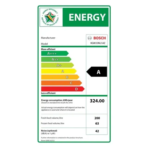 Bosch 263l Bottom Freezer Kgw33nl1az Energy Label