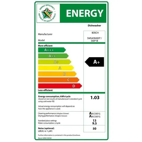 Bosch 13 Place Inox Dishwasher Sms45ni00t Energy Label