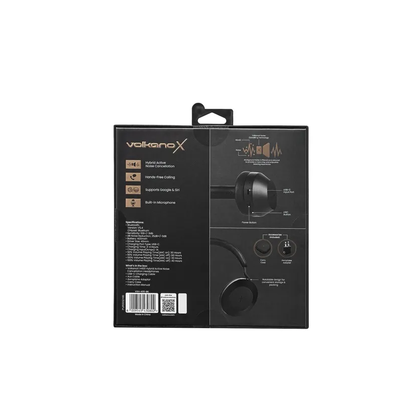 VolkanoX H400 Hybrid Active Noise Cancellation Headphones - Black