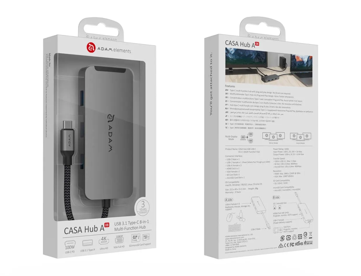 マルチポートアダプタ |CASA HUB A08 USB-C 3.1 8 port Hub : ADAM elements 8-in-1 USB C Hub - 4K USB C to HDMI