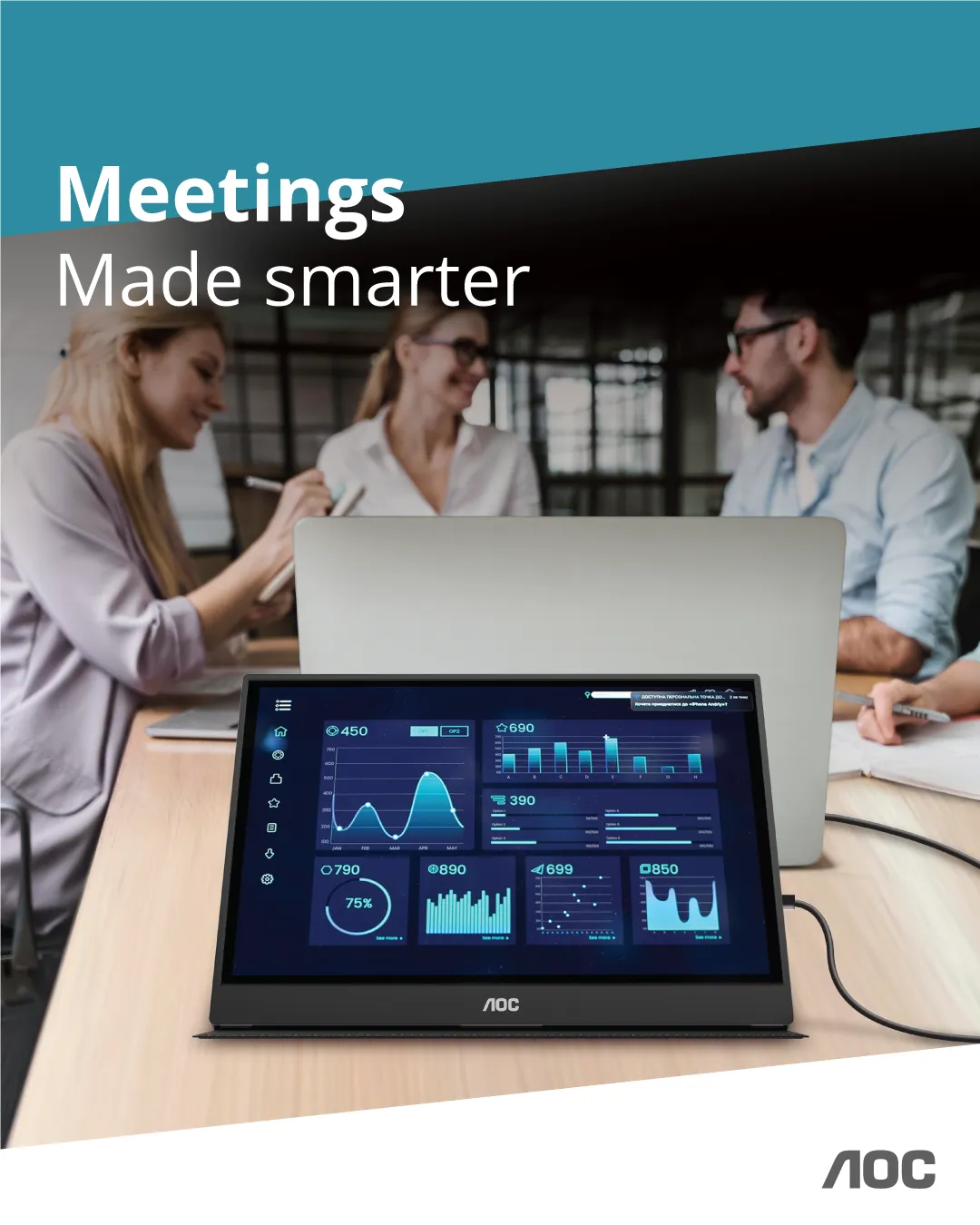 AOC-16T20 Monitor|USB C Powered|15.6 inch|IPS 1920x1080 60Hz|HDMI|Portable|230nits|VESA Mount|Smart cover - additional product image 1