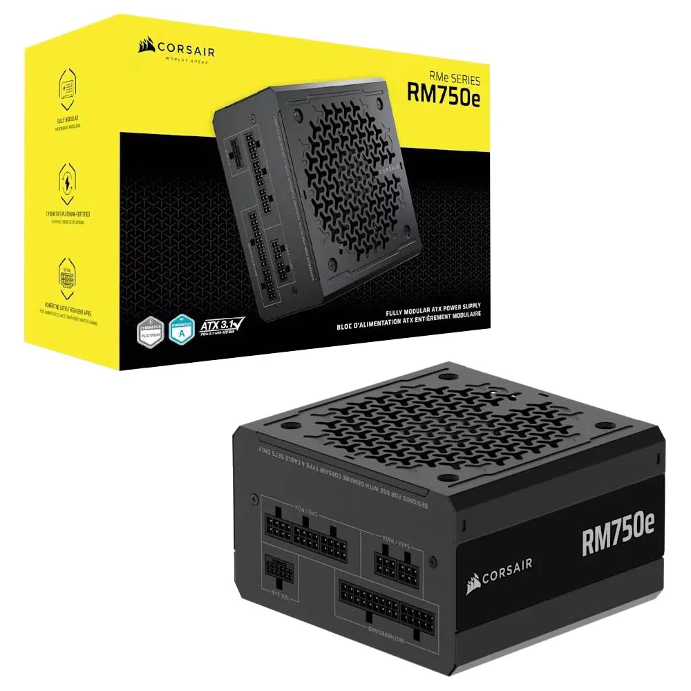 Corsair RM Series™ RM750e — 750 Watt 80 PLUS Gold Fully Modular ATX PSU; ATX 3.1 and PCIE 5.1 ; 7yr Warranty