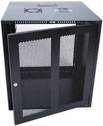 RCT 9U CP black wall mount cabinet 2x uprights 2x glands + Screws; 450mm PERFORATED DOOR.