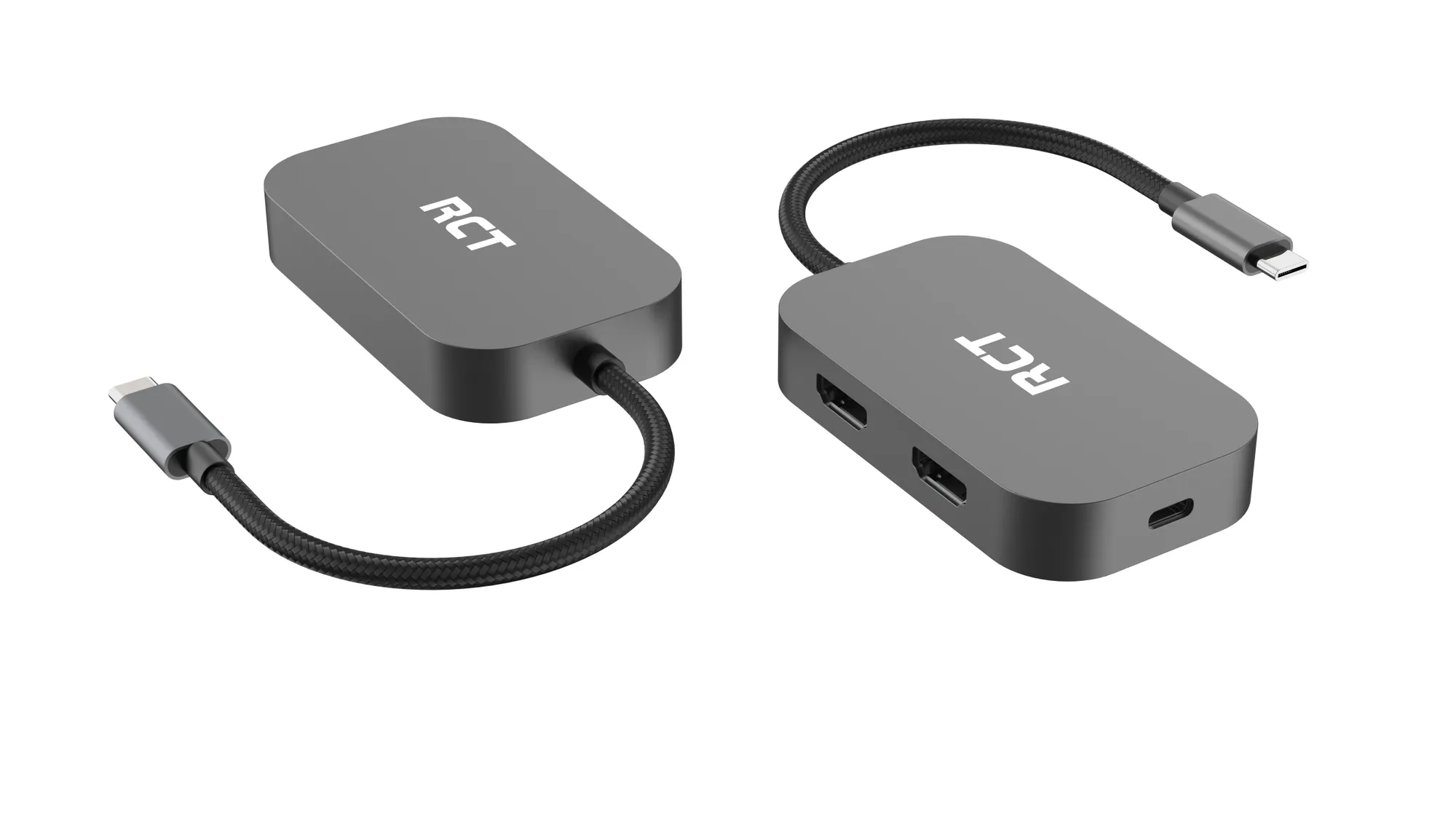 RCT 3-in-1 USB Type C hub with dual HDMI; USB Type C Power pass-through and Multi-Steam Transport technology