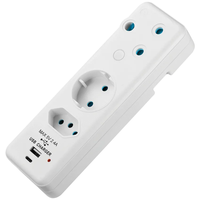 Ellies 3-Way Schuko Adaptor with Type-C + USB - White