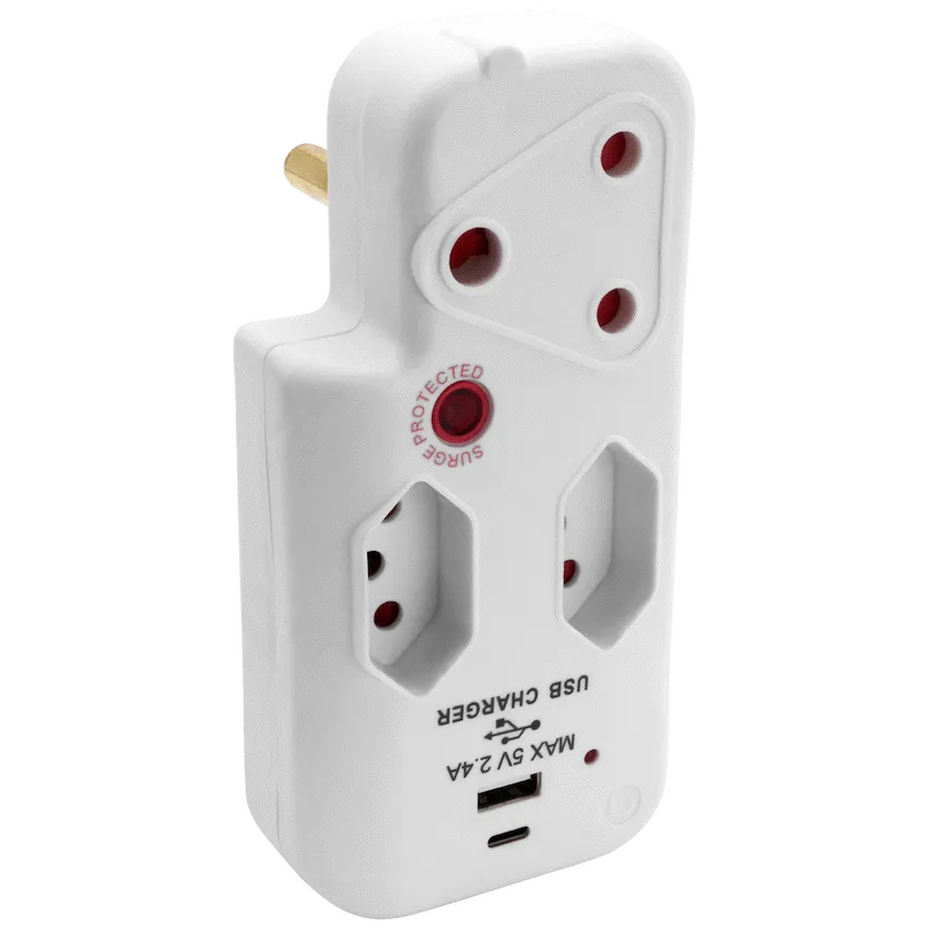 Ellies 3 Way Medium Surge Adaptor with Type C + USB - White