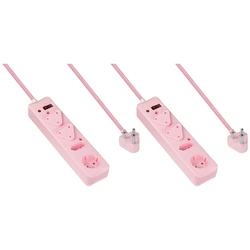 2x SWITCHED 4 Way Surge Multiplug 3M Braided Cord Pink
