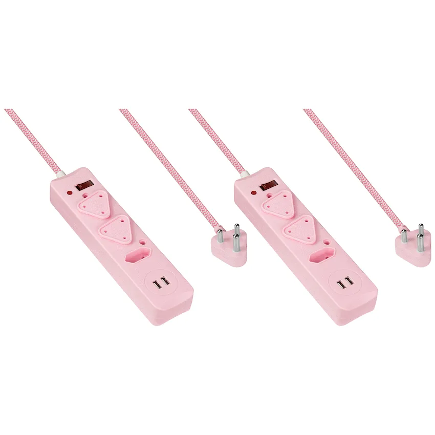 2x 3 Way Surge  Multiplug with Dual  USBs   Pink-0.5M