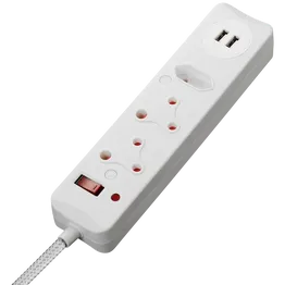 SWITCHED 3 Way Medium Surge Protected Multiplug with Dual 2.4A USB Ports 0.5M Braided Cord White