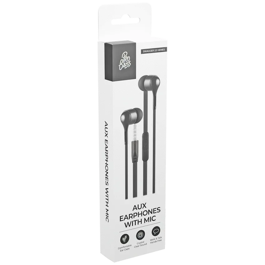 Pro Bass Swagger 2.0 Series - Boxed Auxiliary Earphone with Mic - Black