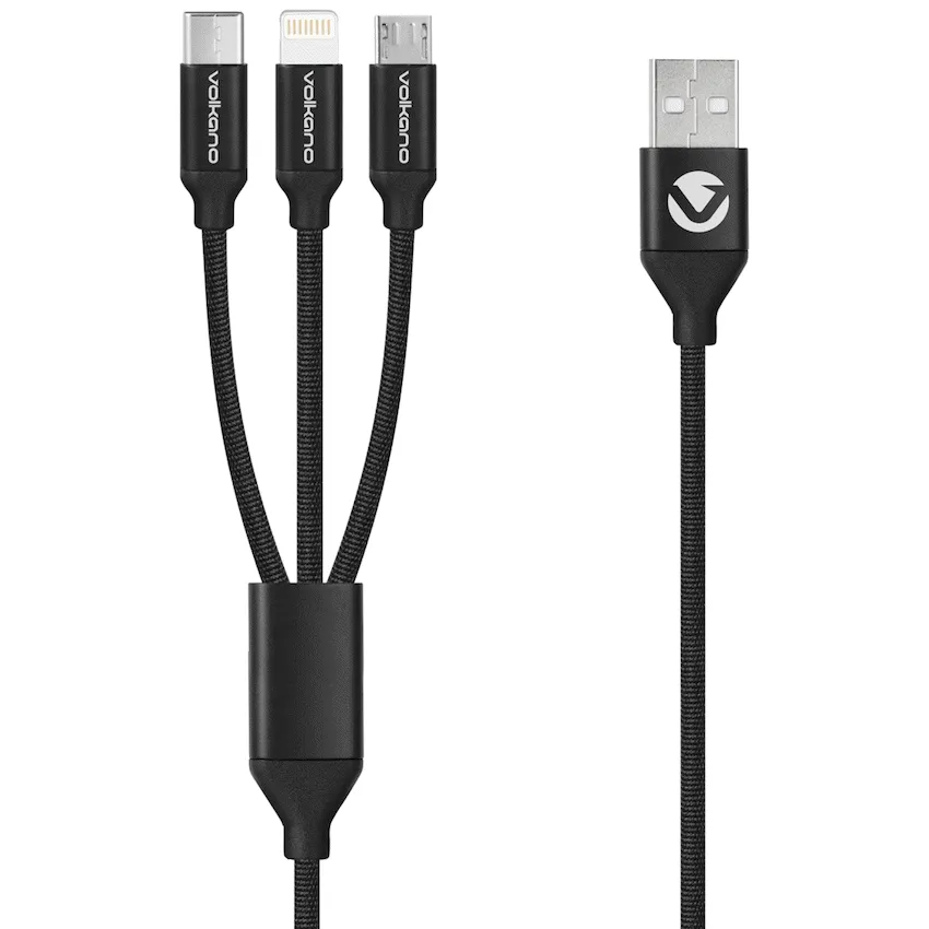 Volkano Weave Series Fabric Braided 3-in-1 (Type-C/Lightning/Micro) Cable 1m - Black