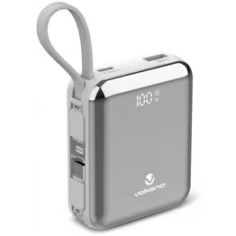 Volkano Solace Series 10 000 mAh Power Bank with Built-in USB-C & Lightning Cable - White & Silver