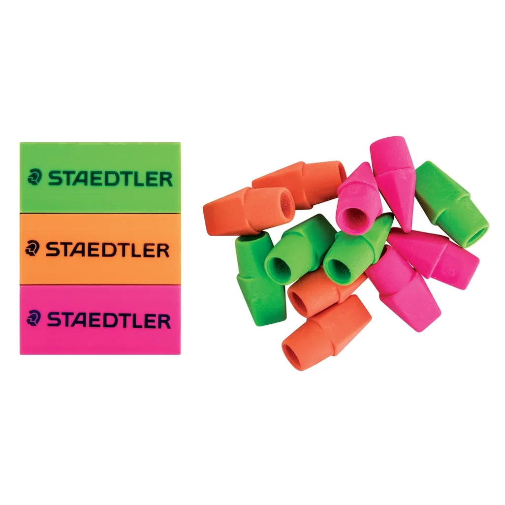 Staedtler Neon PVC Eraser Pack of 3 + 12 Free Eraser Caps Waltons