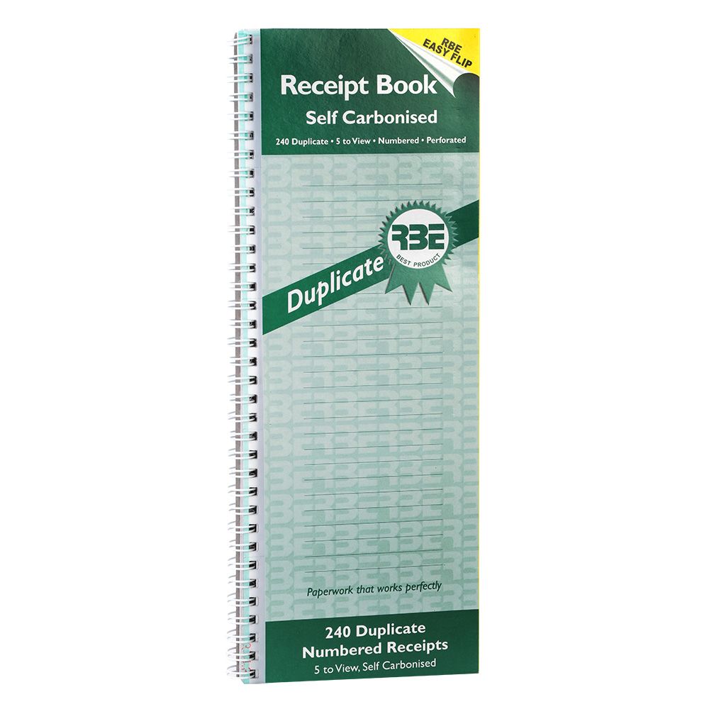 Rbe duplicate numbered receipt book printed 5 to view 111mm x 300mm