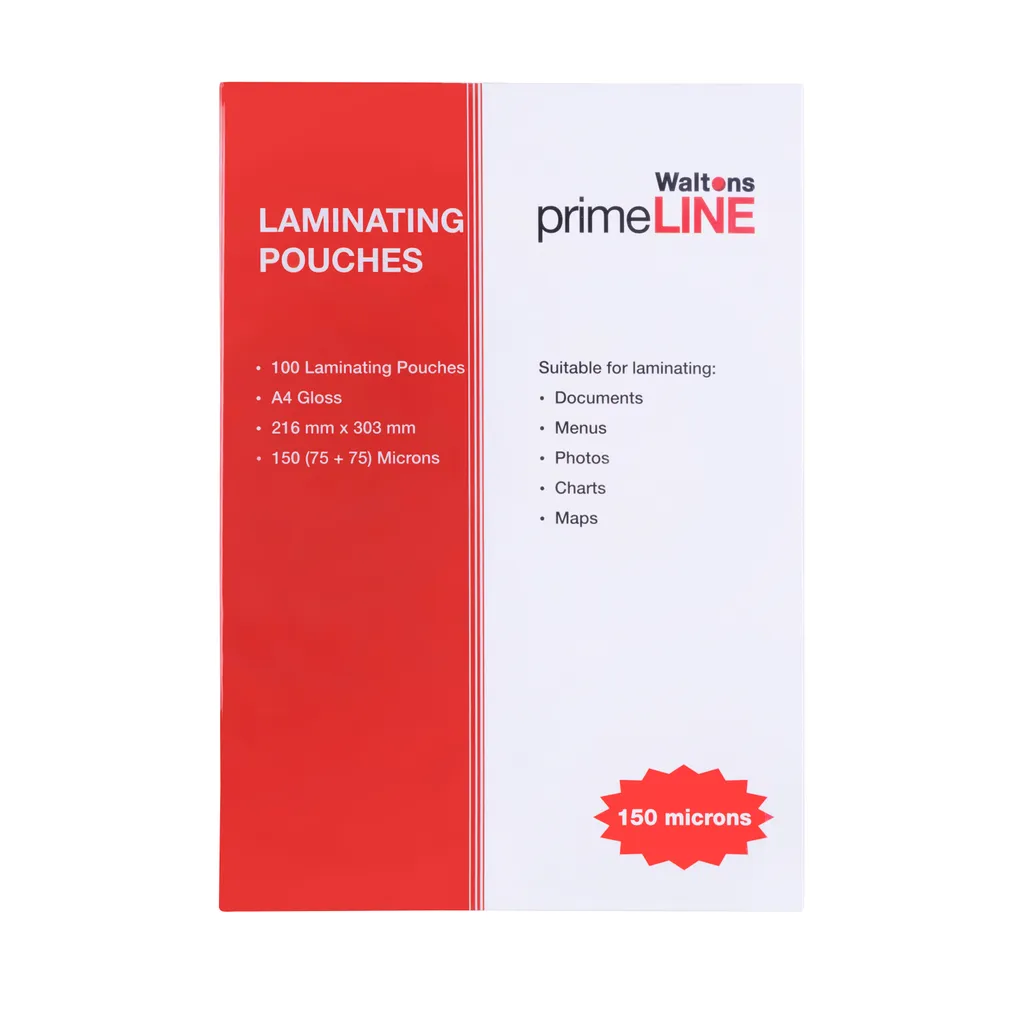 Waltons Primeline Laminating Pouches A4 150 Micron Box Of 100 Waltons