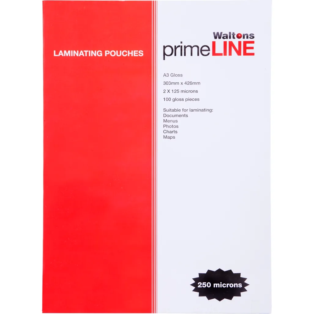 Waltons PrimeLine A3 250mic Laminating Pouch Pack 100 Waltons