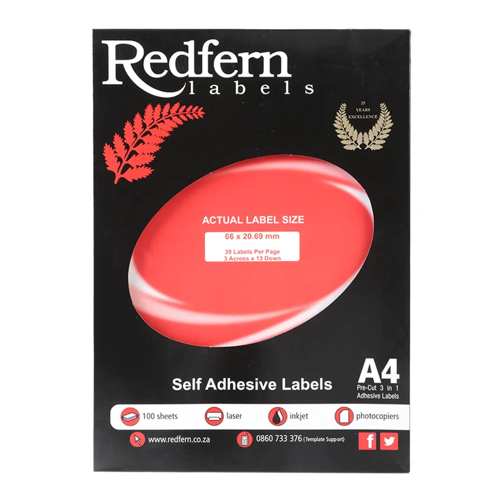 Redfern self adhesive labels laser jet A4 flat sheets 69mm x ...