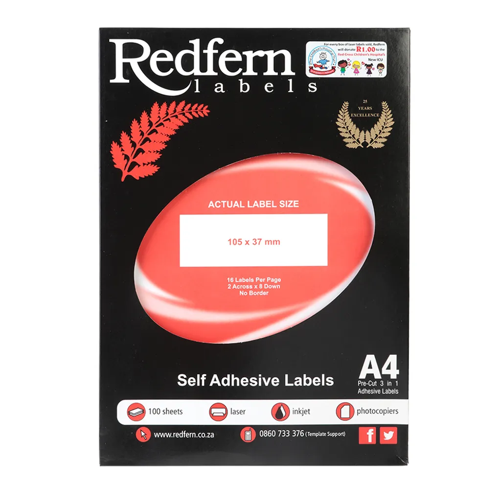 Redfern self adhesive labels laser jet A4 flat sheets 105mm x 37mm 16
