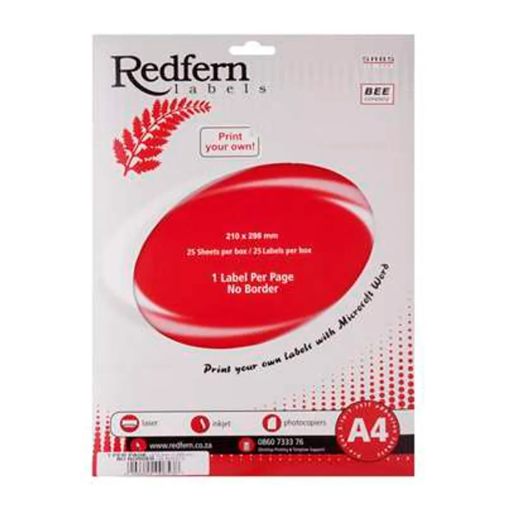 Redfern self adhesive labels laser jet A4 flat sheets 210mm x 297mm 1