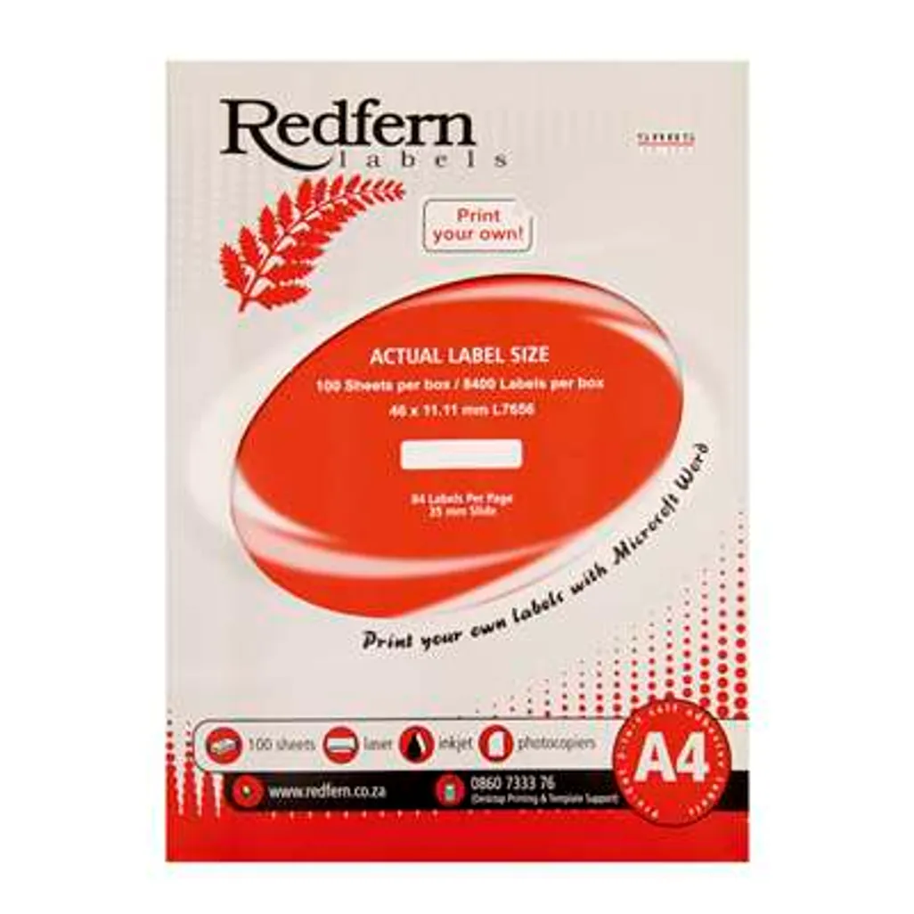 Redfern self adhesive labels laser jet A4 flat sheets 46mm x 11.11mm 84