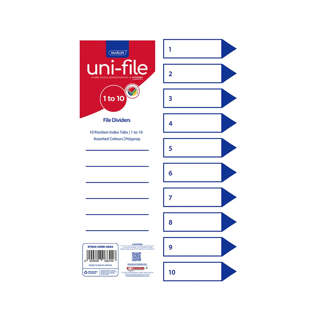 uni-file file dividers 1 - 10 pvc (020a) | Bookworld Ltd
