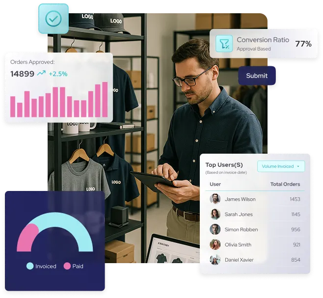 Man using tablet in branded merchandise showroom. 
