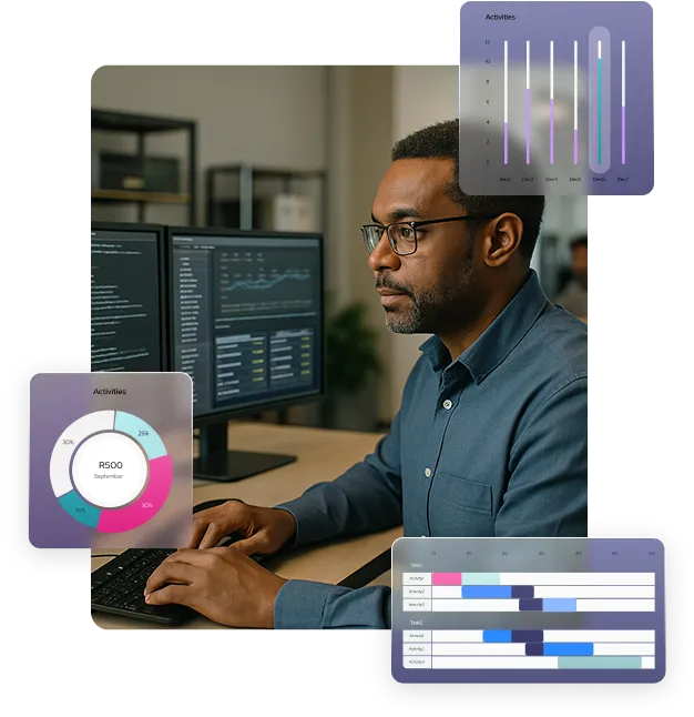CTO using OrderEazi's powerful dashboard. Multiple screens display code and analytics.