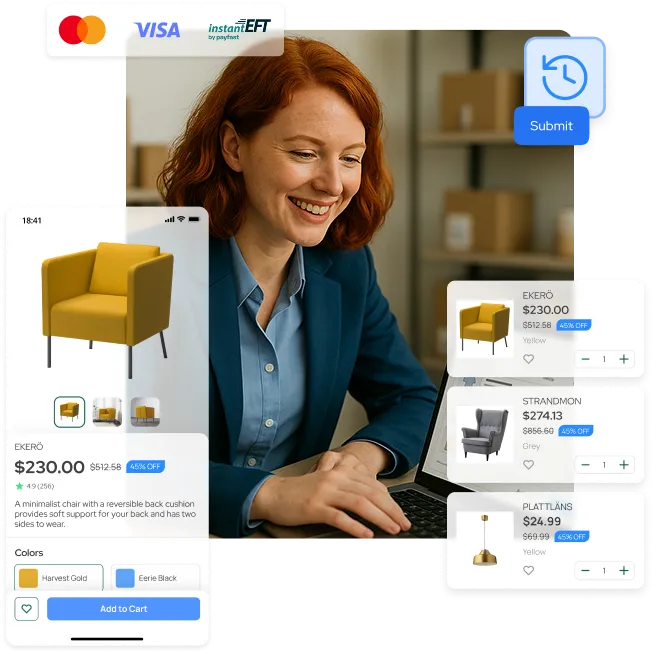 A smiling redheaded woman uses OrderEazi's user-friendly e-commerce platform on her laptop.