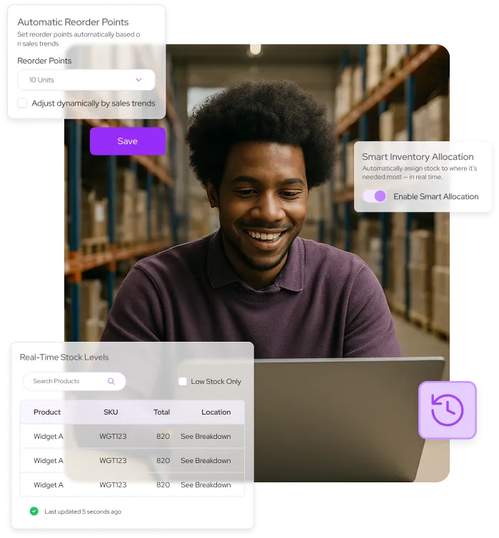 A smiling warehouse worker uses a laptop amidst shelving units. The screen displays inventory management interfaces, including automatic reorder points, smart inventory allocation, and real-time stock levels.