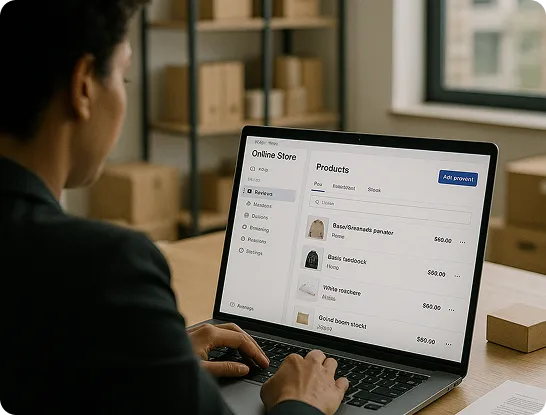 A person sitting at a desk views an online store interface on a laptop.