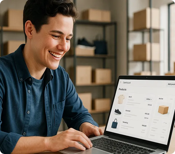 A cheerful entrepreneur manages his OrderEazi store from a laptop, surrounded by neatly stacked inventory.