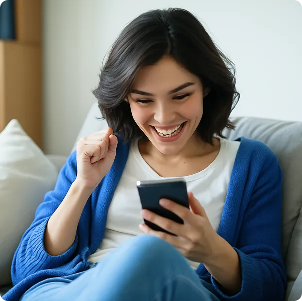 A joyful woman uses OrderEazi on mobile, her beaming smile reflecting the ease and convenience of our platform.