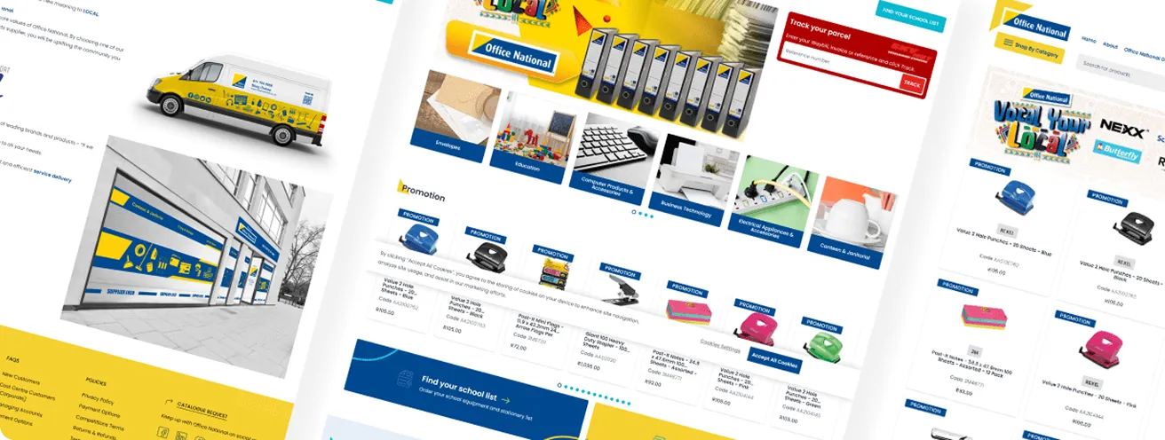 A collage showcasing Office National's online presence and product range. 