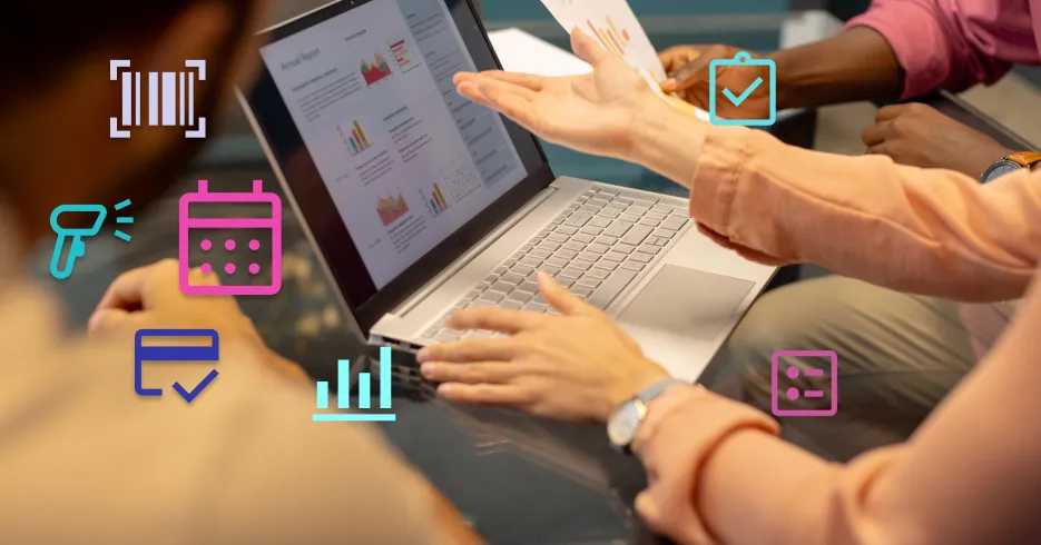 Hands gesturing over a laptop displaying business analytics charts, surrounded by colourful icons representing various business tools and processes.