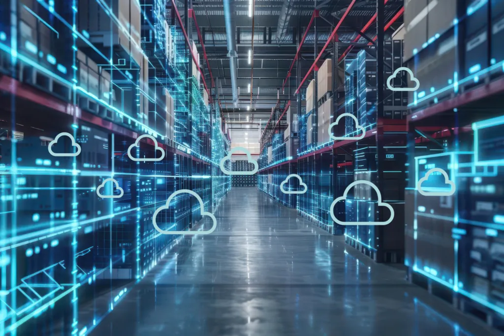 Futuristic warehouse aisle with digital overlay of cloud icons and data streams, representing cloud-based inventory management and real-time data analysis in a modern distribution centre.