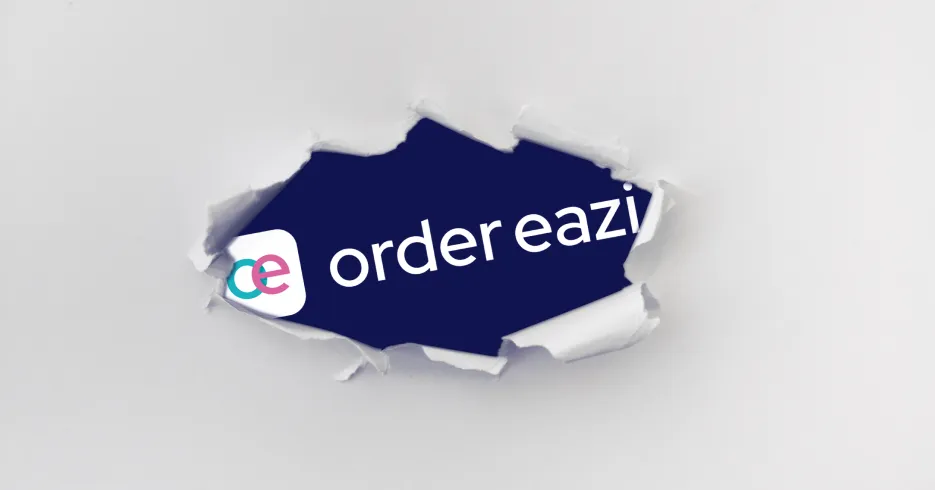 A torn white paper revealing a dark blue background with the OrderEazi logo and text partially visible underneath.