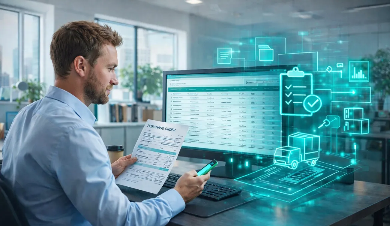 Cardboard boxes move along an automated conveyor belt in a modern warehouse, illuminated by futuristic blue digital overlays.