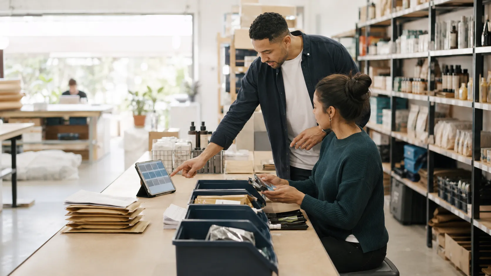 Man and woman looking at a tablet